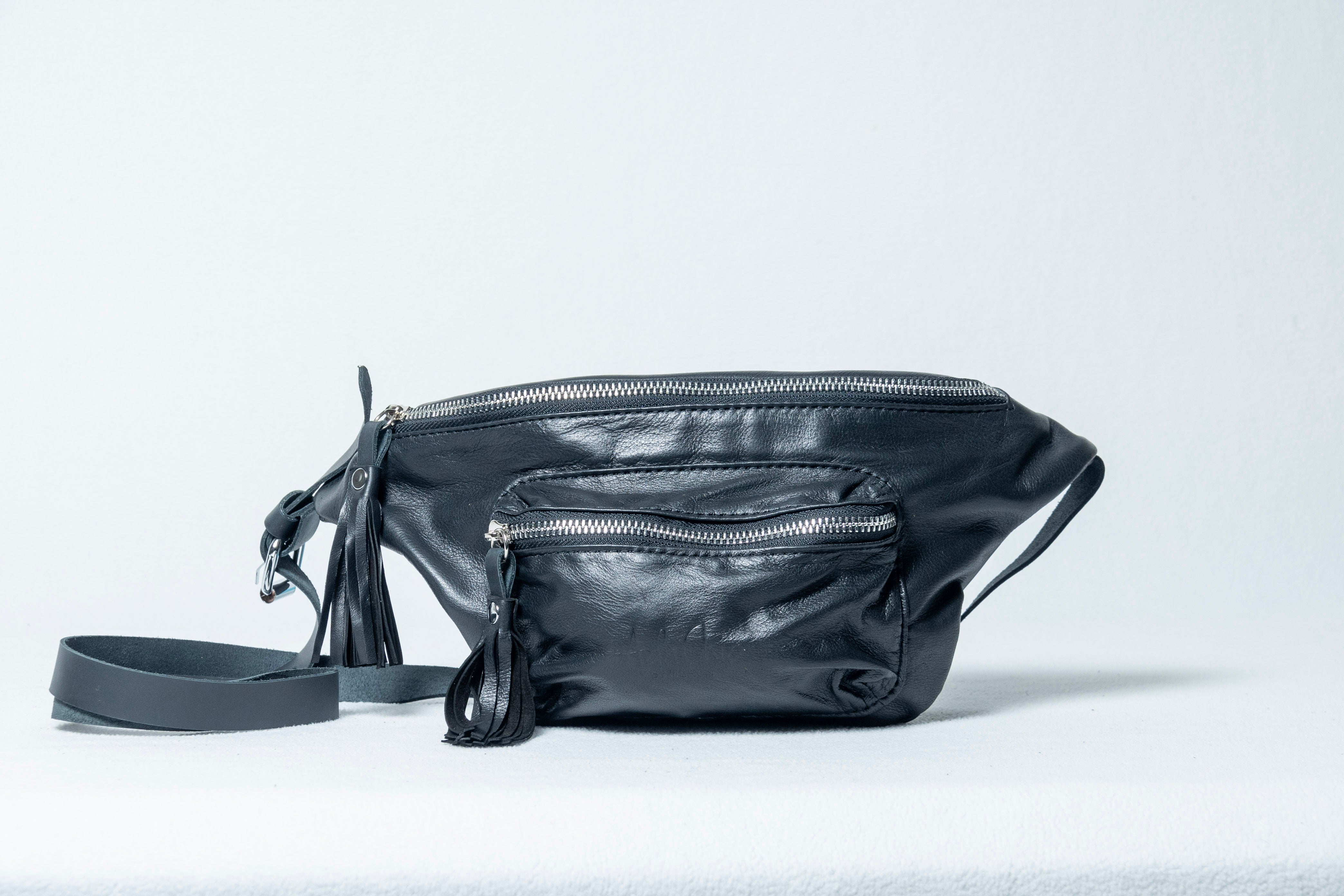 Ada Sustainable Black Double zipper Leather Fanny Pack