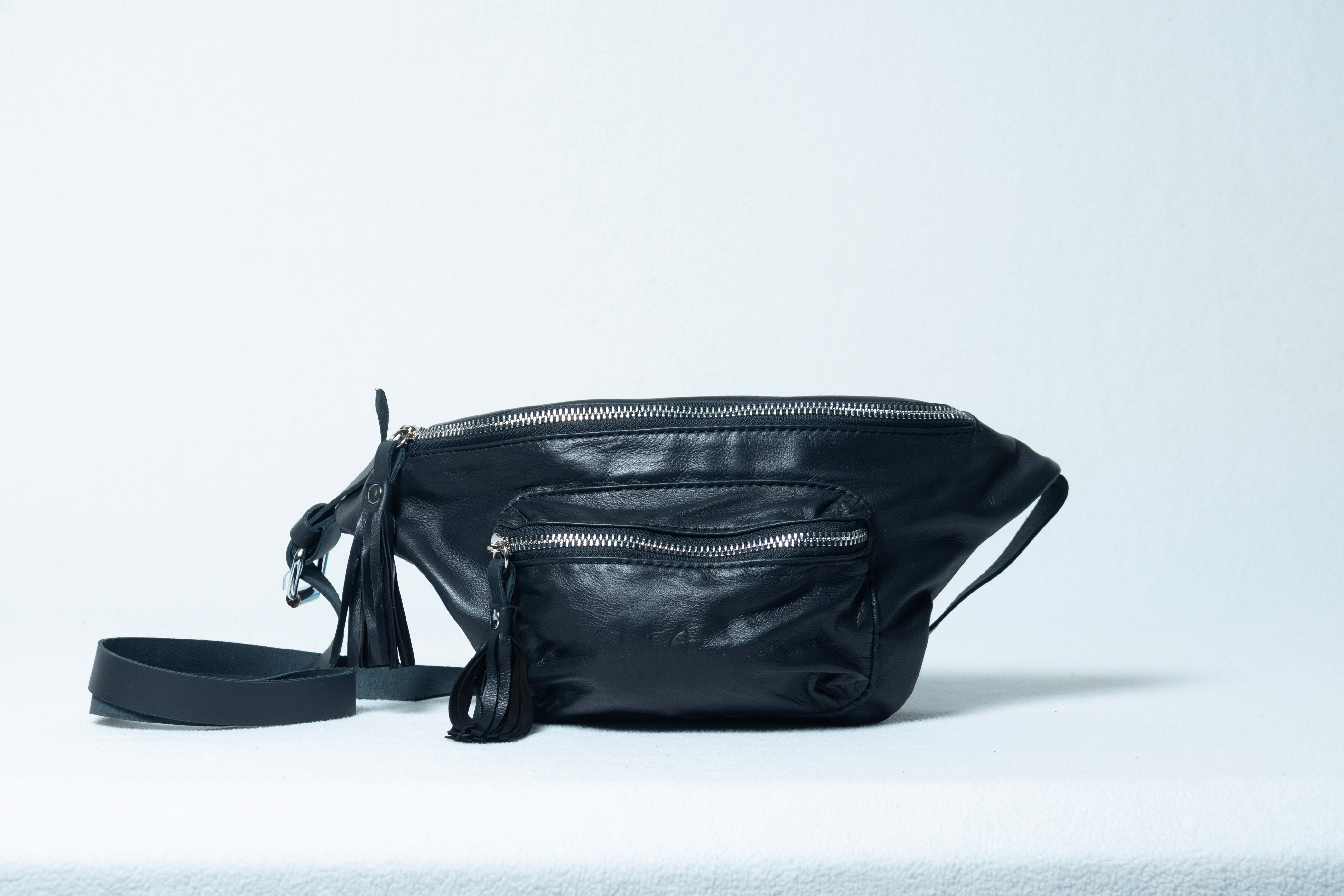 Ada Sustainable Black Double zipper Leather Fanny Pack